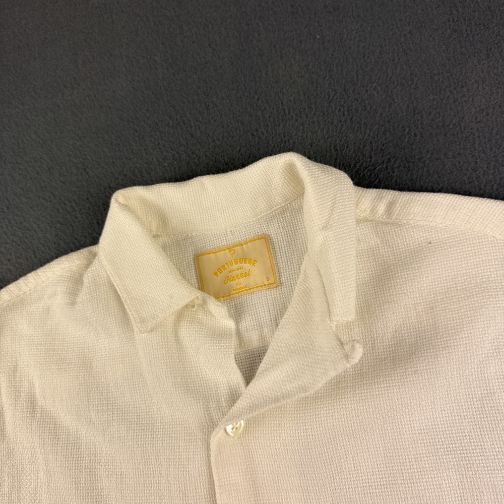 Portuguese Flannel Shirt Men's S White Waffle Knit Loop Collar Button Up Camp